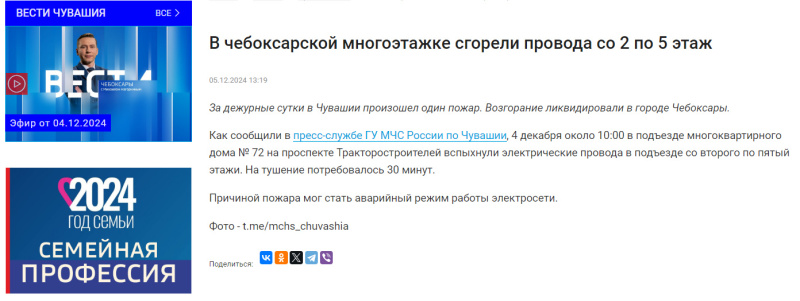 В чебоксарской многоэтажке сгорели провода со 2 по 5 этаж ("Вести Чувашия")